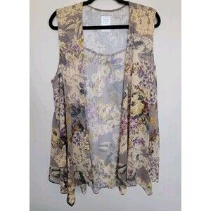 Logo Lori Goldstein Womens Floral Sleeveless Open Front Cardigan Size Large